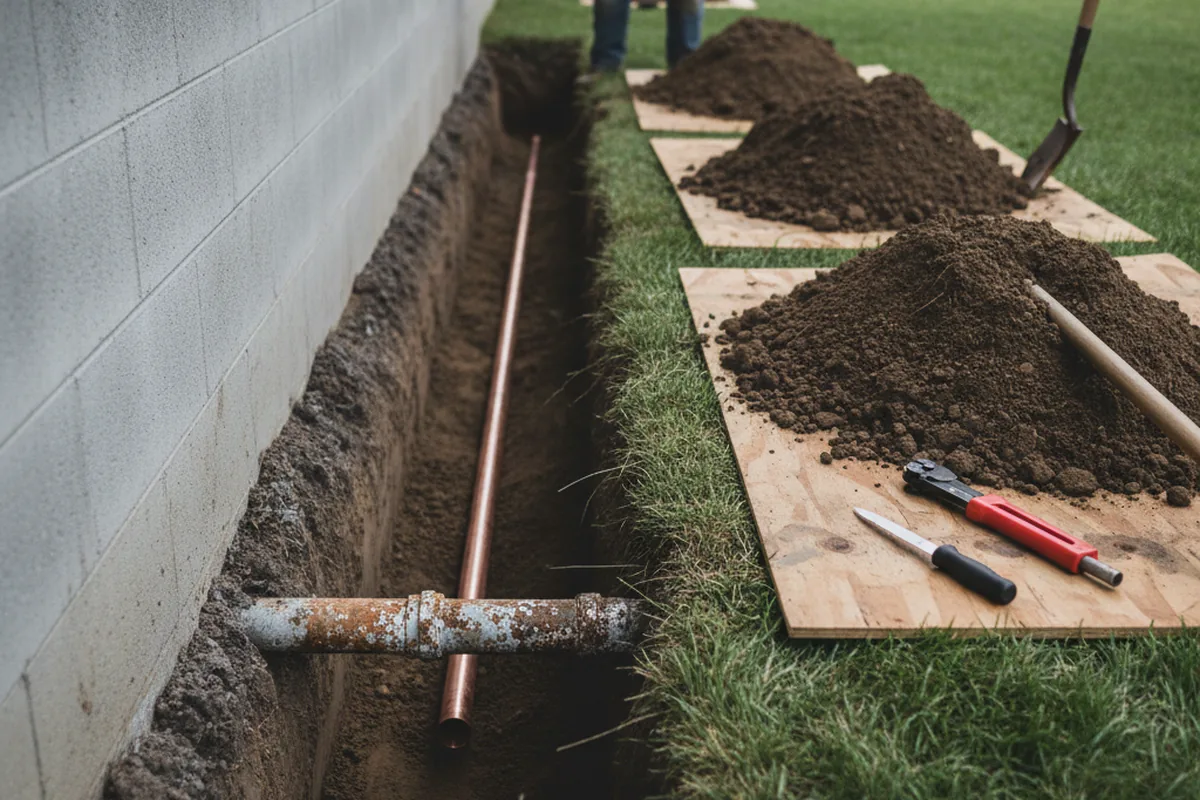 Excavated water line trench during Sewer Line Repair in Mishawaka